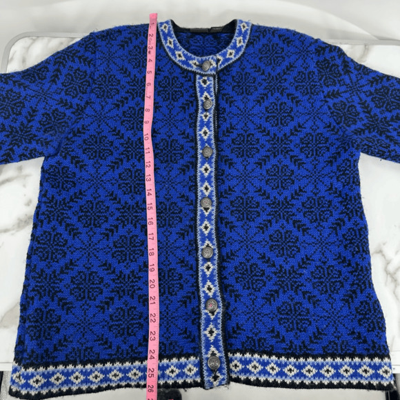 Vintage LL Bean Womens M Cardigan Sweater Wool Blue White Nordic Scandinavian - Picture 5 of 10